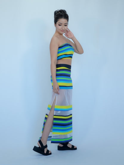Karishma Kapoor Inspired Striped Co-Ord Set with Sheer Skirt | Bollywood Tube Top Outfit for Women | Inspired by song “Pyar Dilo Ka Mela Hai.”