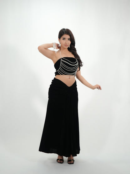 Black Velvet Co-Ord Set with Crystal Chain Body Jewelry | Priyanka Chopra Inspired Bollywood Party Outfit | Tala Tum Inspired Glam Look for Women