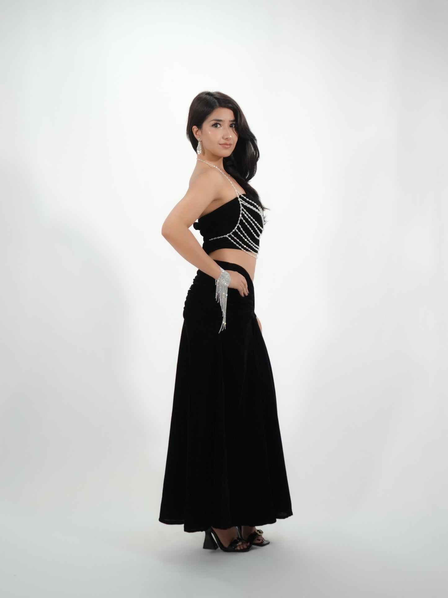 Black Velvet Co-Ord Set with Crystal Chain Body Jewelry | Priyanka Chopra Inspired Bollywood Party Outfit | Tala Tum Inspired Glam Look for Women