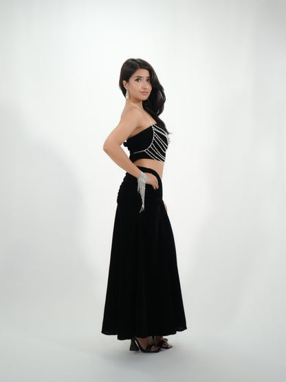 Black Velvet Co-Ord Set with Crystal Chain Body Jewelry | Priyanka Chopra Inspired Bollywood Party Outfit | Tala Tum Inspired Glam Look for Women