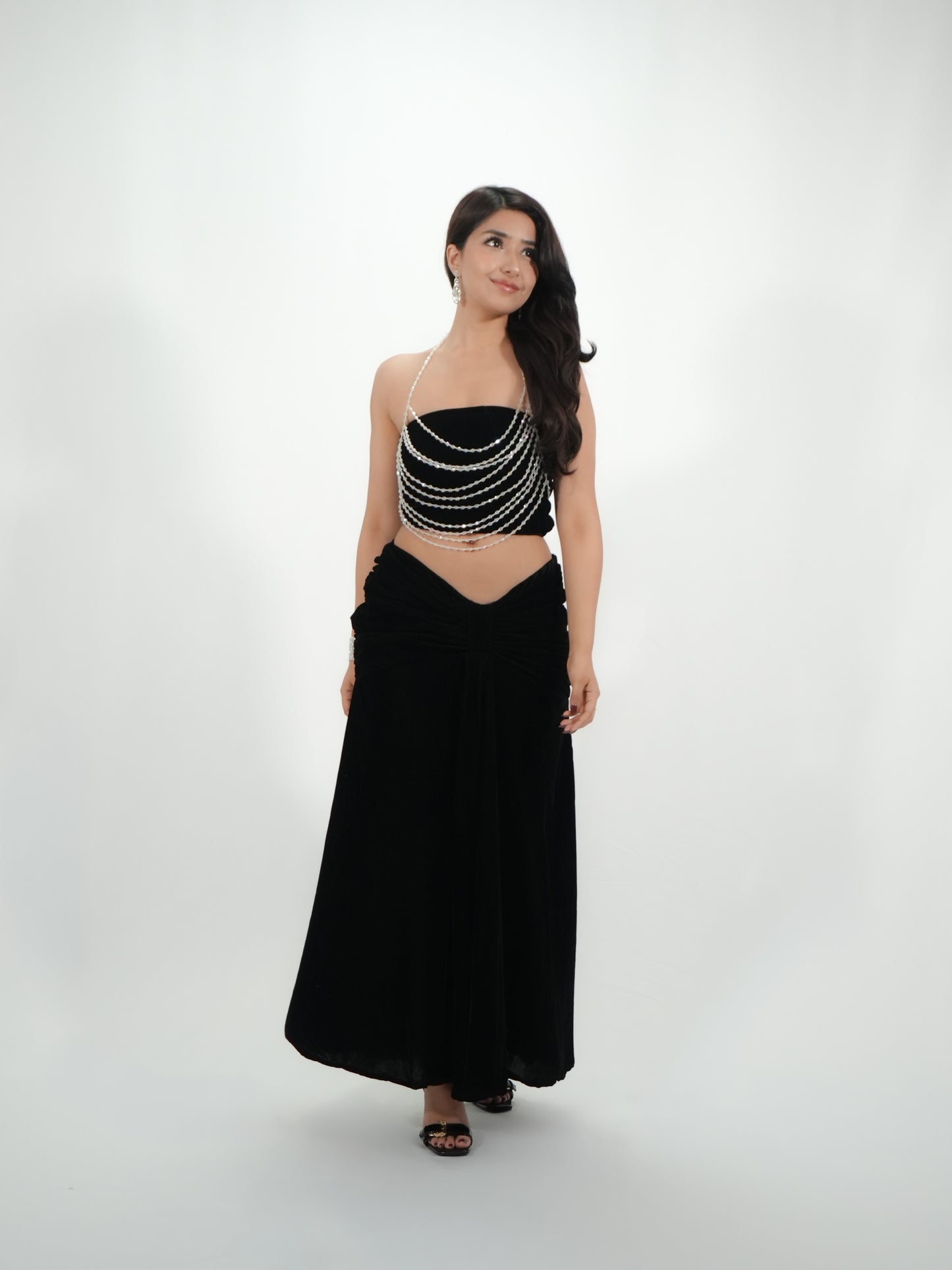 Black Velvet Co-Ord Set with Crystal Chain Body Jewelry | Priyanka Chopra Inspired Bollywood Party Outfit | Tala Tum Inspired Glam Look for Women