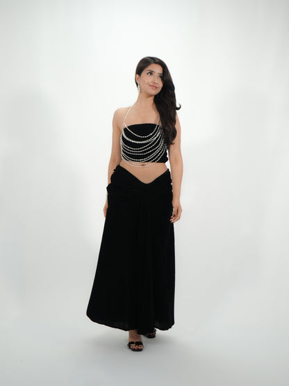 Black Velvet Co-Ord Set with Crystal Chain Body Jewelry | Priyanka Chopra Inspired Bollywood Party Outfit | Tala Tum Inspired Glam Look for Women