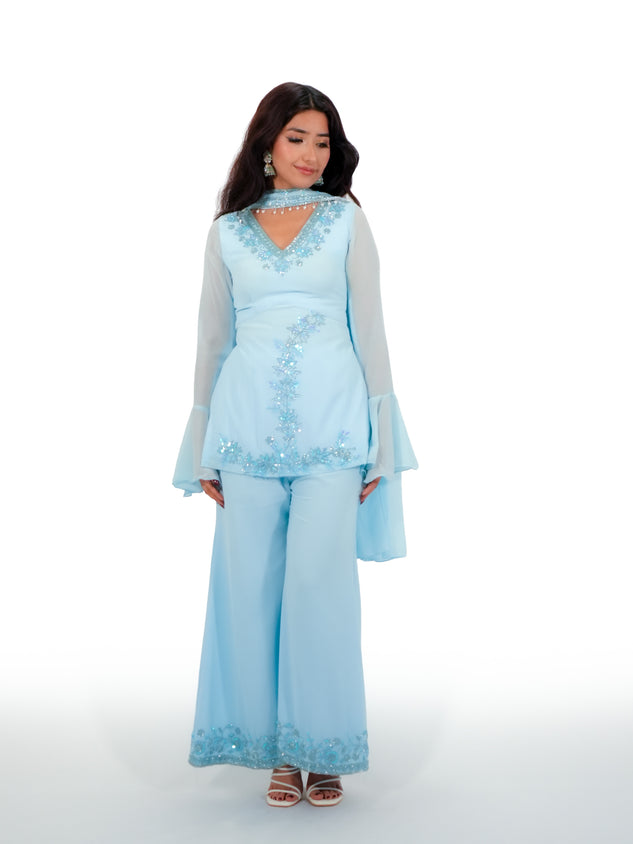 90s Bollywood Inspired Baby Blue Georgette Kurti Pant Set with Handwork Embroidery & Dupatta | Party Wear Ethnic Suit