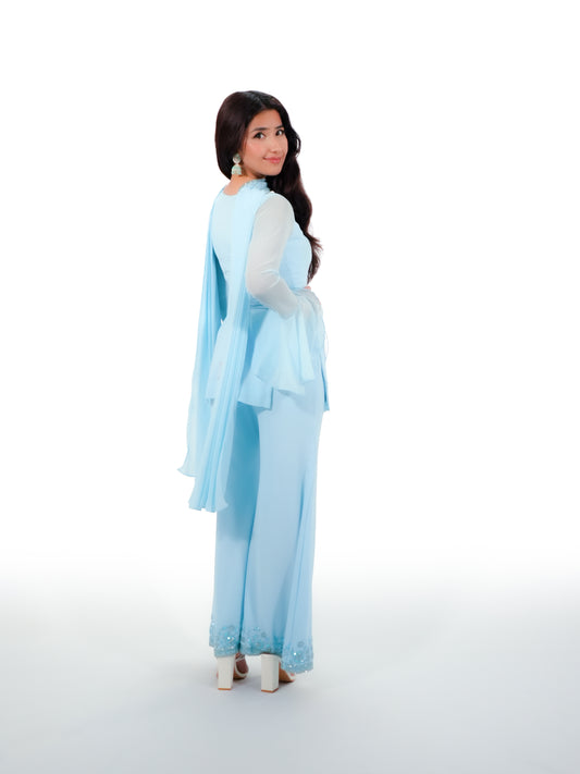 90s Bollywood Inspired Baby Blue Georgette Kurti Pant Set with Handwork Embroidery & Dupatta | Party Wear Ethnic Suit image 3