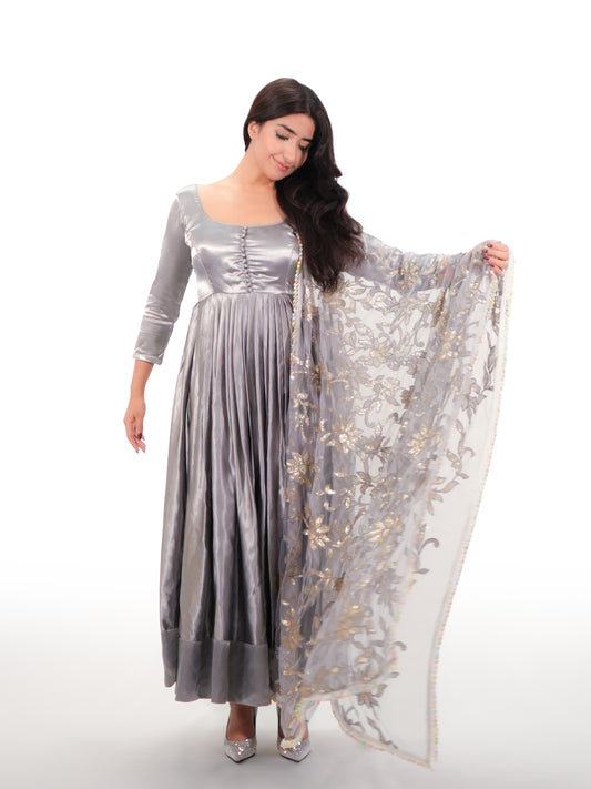 Noor Grey Korean Satin Silk Anarkali Suit Set with Embroidered Net Dupatta | Designer Festive & Wedding Wear