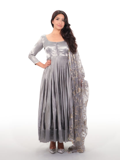 Noor Grey Korean Satin Silk Anarkali Suit Set with Embroidered Net Dupatta | Designer Festive & Wedding Wear