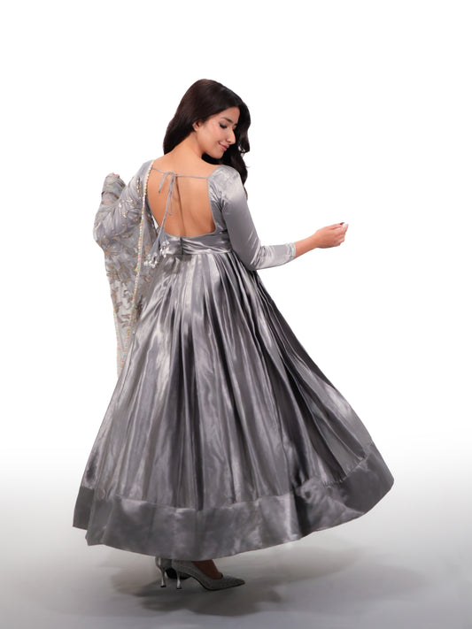 Grey Korean Satin Silk Anarkali Suit with Embroidered Organza Dupatta