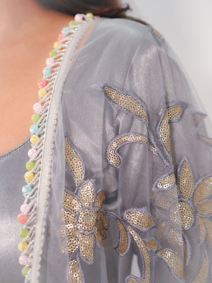 Noor Grey Korean Satin Silk Anarkali Suit Set with Embroidered Net Dupatta | Designer Festive & Wedding Wear
