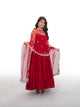 Ruby Red Weightless Georgette Tiered Gown with Embroidered Net Dupatta