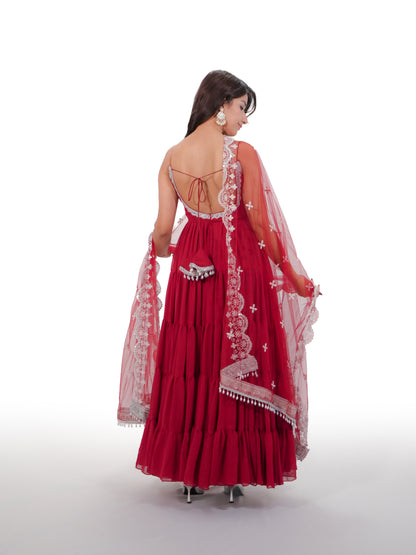 Ruby Red Weightless Georgette Tiered Gown with Embroidered Net Dupatta