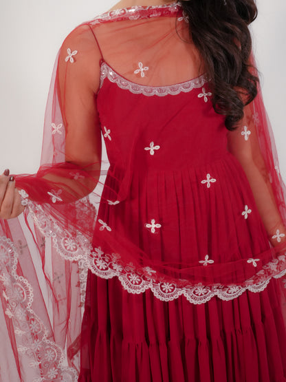 Ruby Red Weightless Georgette Tiered Gown with Embroidered Net Dupatta