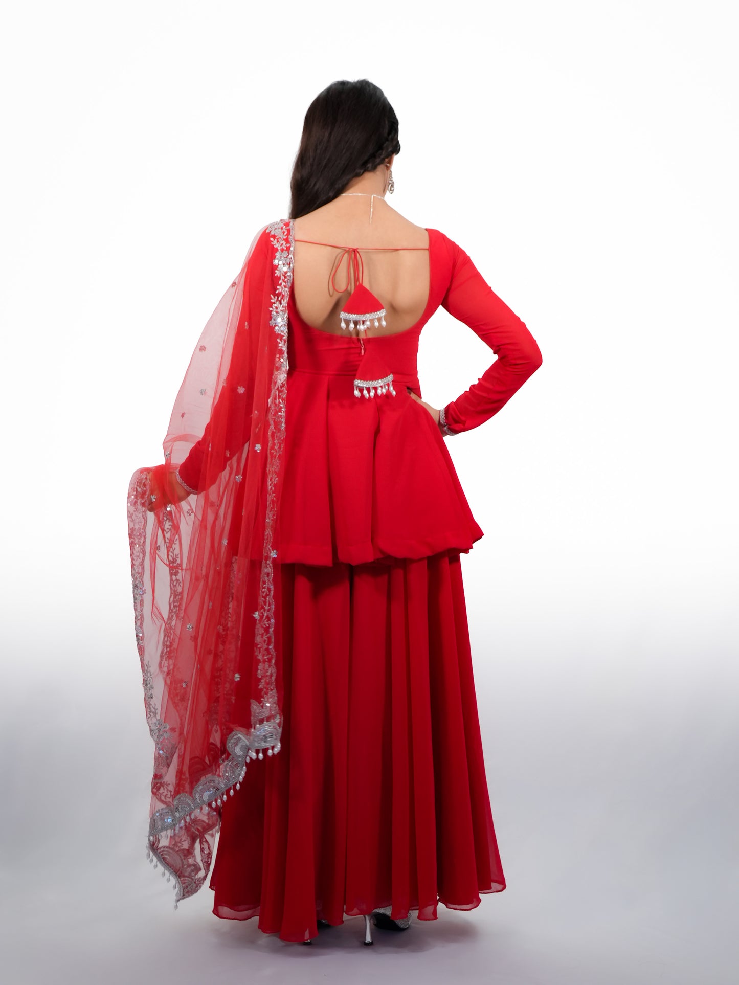 Red Georgette Peplum Sharara Suit with Embroidered Net Dupatta for Women