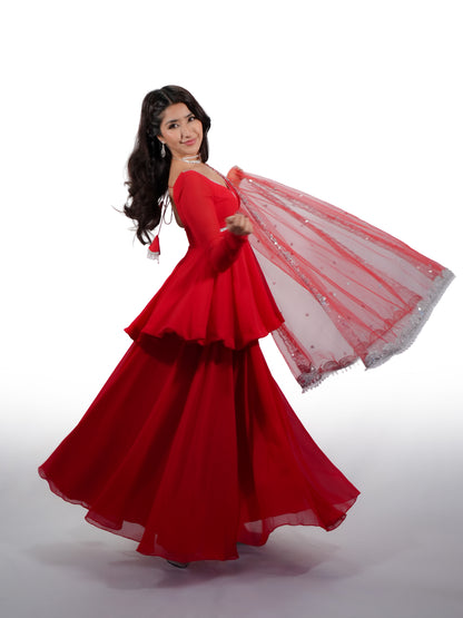 Red Georgette Peplum Sharara Suit with Embroidered Net Dupatta for Women