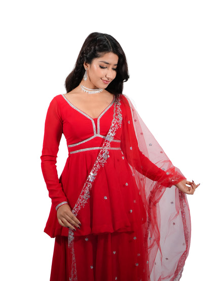 Red Georgette Peplum Sharara Suit with Embroidered Net Dupatta for Women