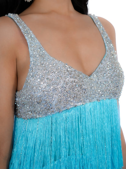 "Katrina kaif" Sky Blue Sequin Tassel Mini Dress | Inspired by song "Zara Zara Touch me" from movie "Race"