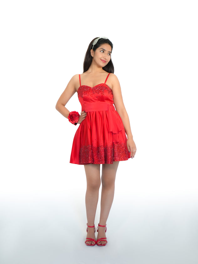 Red Bridal Satin Crystal Mini Dress |inspired by the Alia Bhatt iconic “Disco Deewane” look from "Student of the Year"