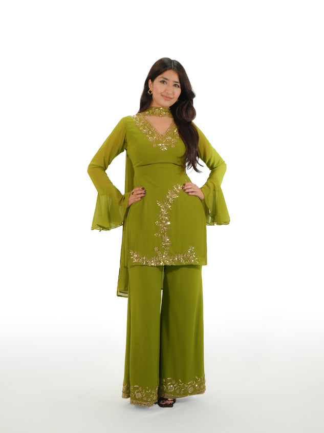 90s Bollywood Inspired olive green / mehendi green Georgette Kurti Pant Set with Handwork Embroidery & Dupatta | Party Wear Ethnic Suit