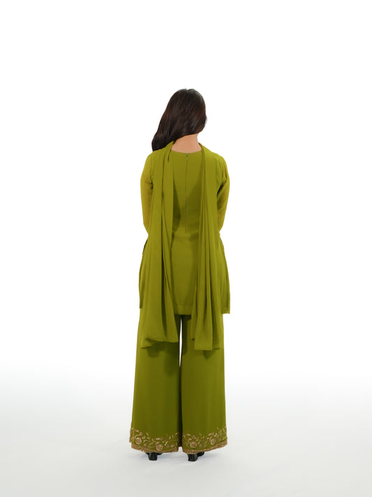 90s Bollywood Inspired olive green / mehendi green Georgette Kurti Pant Set with Handwork Embroidery & Dupatta | Party Wear Ethnic Suit image 2