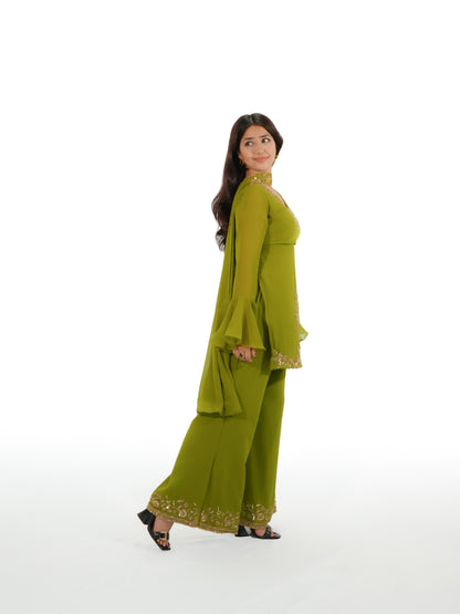 90s Bollywood Inspired olive green / mehendi green Georgette Kurti Pant Set with Handwork Embroidery & Dupatta | Party Wear Ethnic Suit