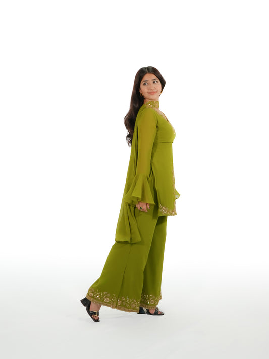90s Bollywood Inspired olive green / mehendi green Georgette Kurti Pant Set with Handwork Embroidery & Dupatta | Party Wear Ethnic Suit image 3