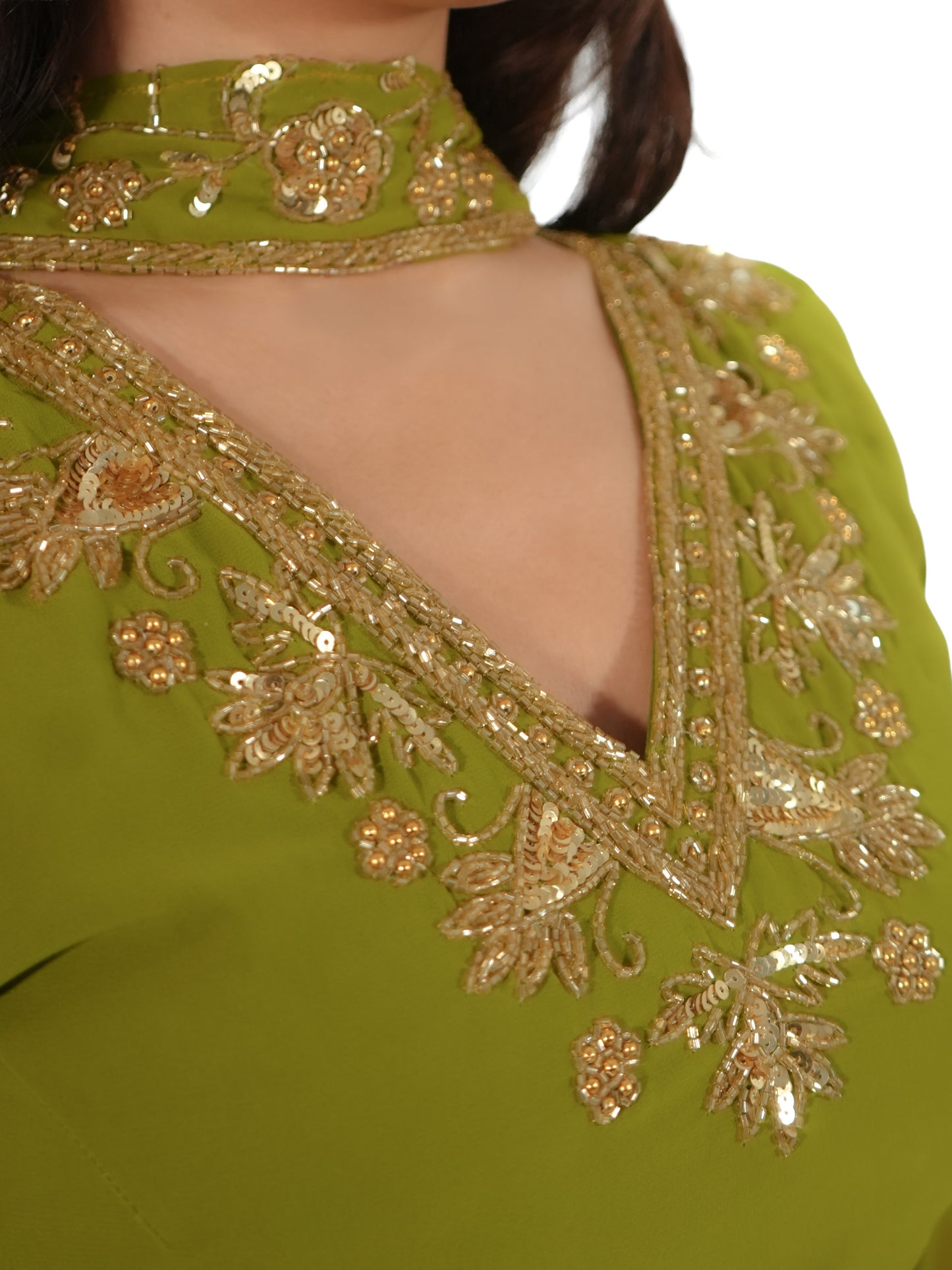 90s Bollywood Inspired olive green / mehendi green Georgette Kurti Pant Set with Handwork Embroidery & Dupatta | Party Wear Ethnic Suit