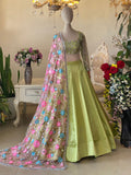 Lime Green Floral Embroidered Lehenga Set with Organza Dupatta