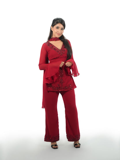 90s Bollywood Inspired Red Georgette Kurti Pant Set with Handwork Embroidery & Dupatta | Retro Party Wear Ethnic Co-Ord Set for Women