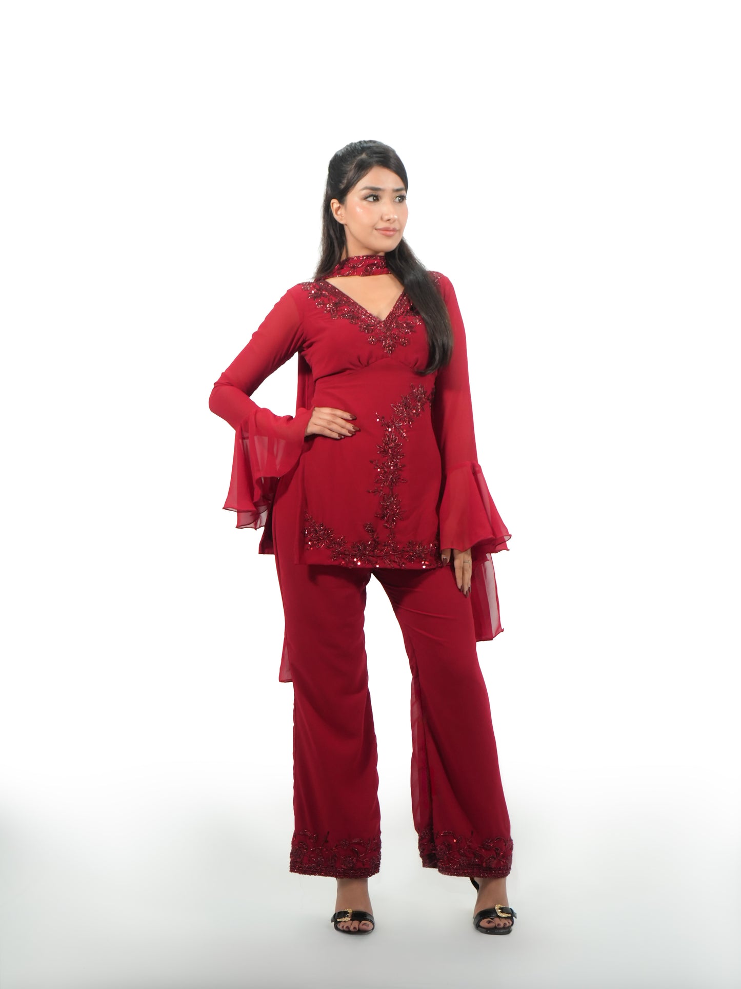 90s Bollywood Inspired Red Georgette Kurti Pant Set with Handwork Embroidery & Dupatta | Retro Party Wear Ethnic Co-Ord Set for Women