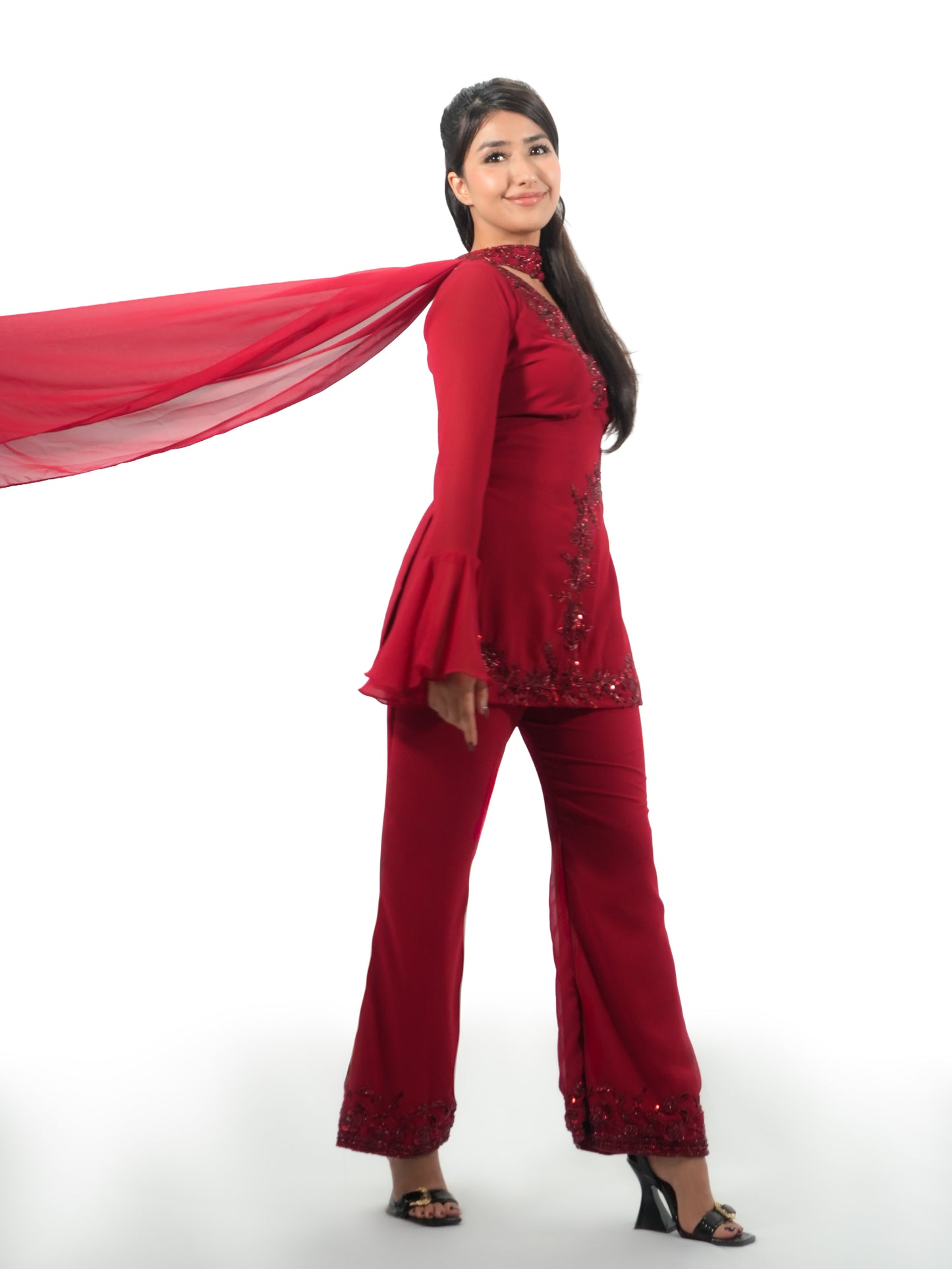 90s Bollywood Inspired Red Georgette Kurti Pant Set with Handwork Embroidery & Dupatta | Retro Party Wear Ethnic Co-Ord Set for Women