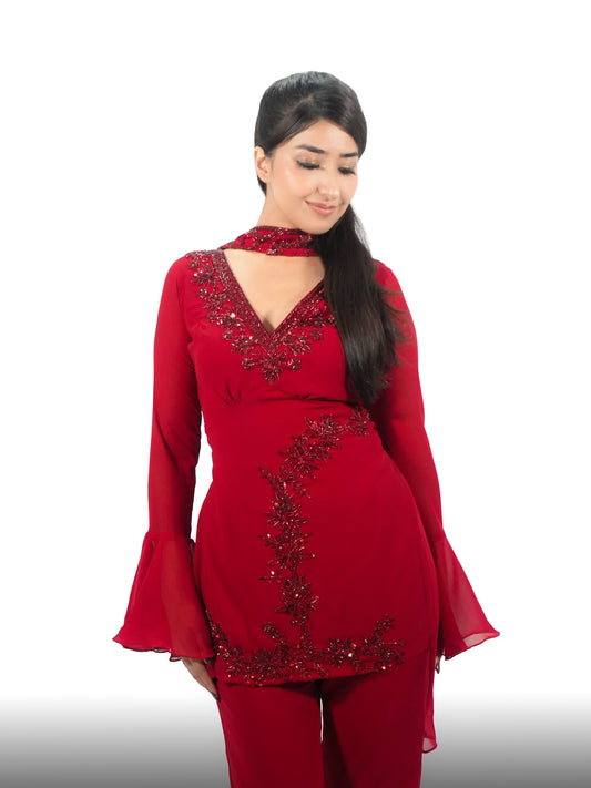 90s Bollywood Inspired Red Georgette Kurti Pant Set with Handwork Embroidery & Dupatta | Retro Party Wear Ethnic Co-Ord Set for Women
