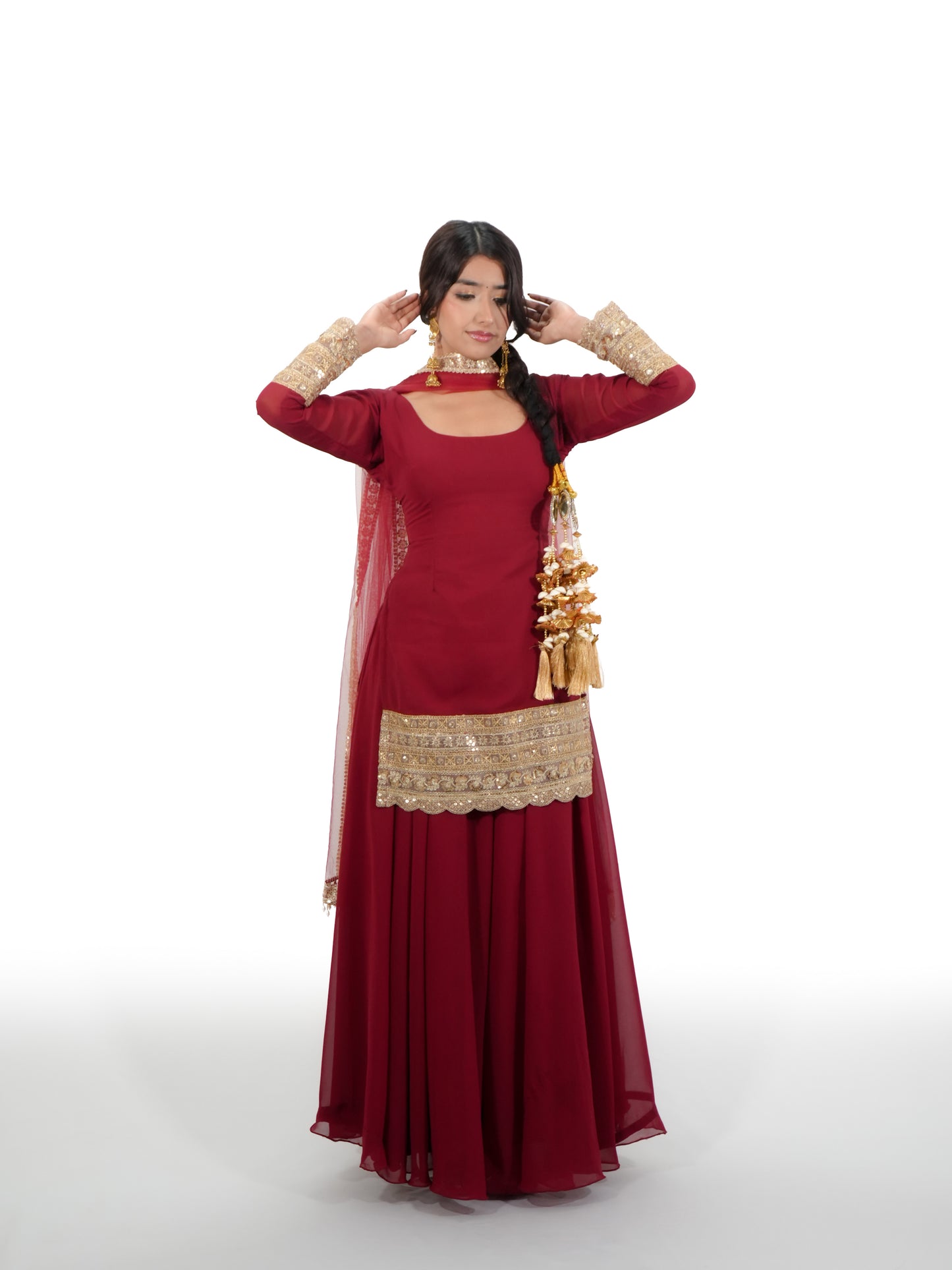 Wine Georgette Sharara Suit Set with Net Dupatta & Golden Lace Border | Lightweight Teej Special Ethnic Outfit for Women