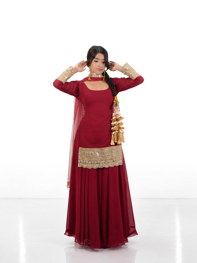 Wine Georgette Sharara Suit Set with Net Dupatta & Golden Lace Border | Lightweight Teej Special Ethnic Outfit for Women