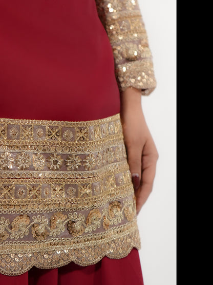 Wine Georgette Sharara Suit Set with Net Dupatta & Golden Lace Border | Lightweight Teej Special Ethnic Outfit for Women