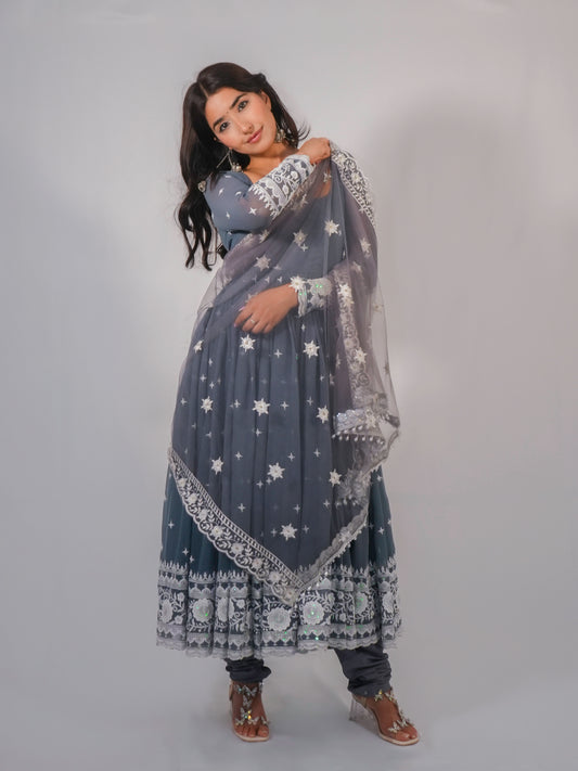 Grey Georgette Thread Work Anarkali Suit with Dupatta & Churidar Set image 3