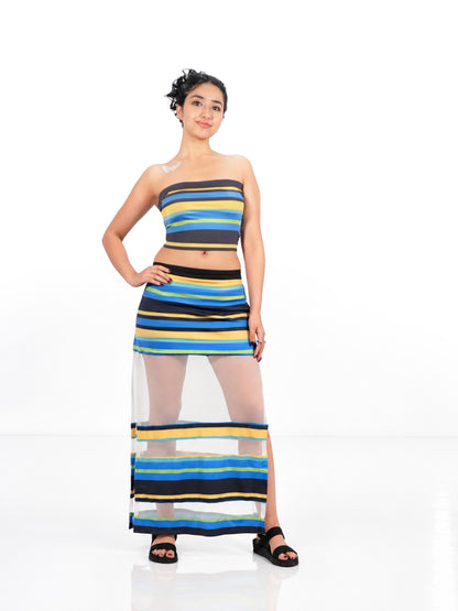 Karishma Kapoor Inspired Striped Co-Ord Set with Sheer Skirt | Bollywood Tube Top Outfit for Women | Inspired by song “Pyar Dilo Ka Mela Hai.”