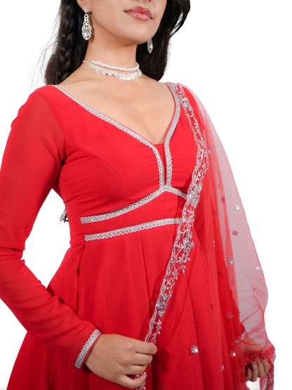 Red Georgette Peplum Sharara Suit with Embroidered Net Dupatta for Women