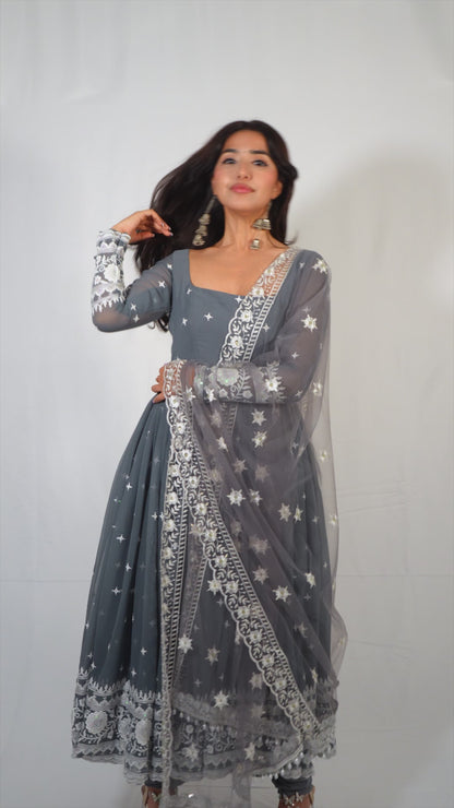 Grey Georgette Thread Work Anarkali Suit with Dupatta & Churidar Set