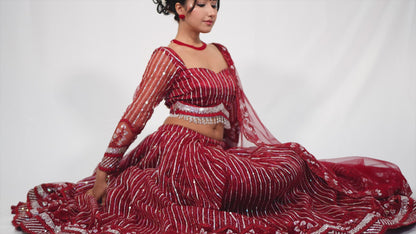Red Sequins Net Lehenga Choli with Dupatta Bridal & Party Wear Set