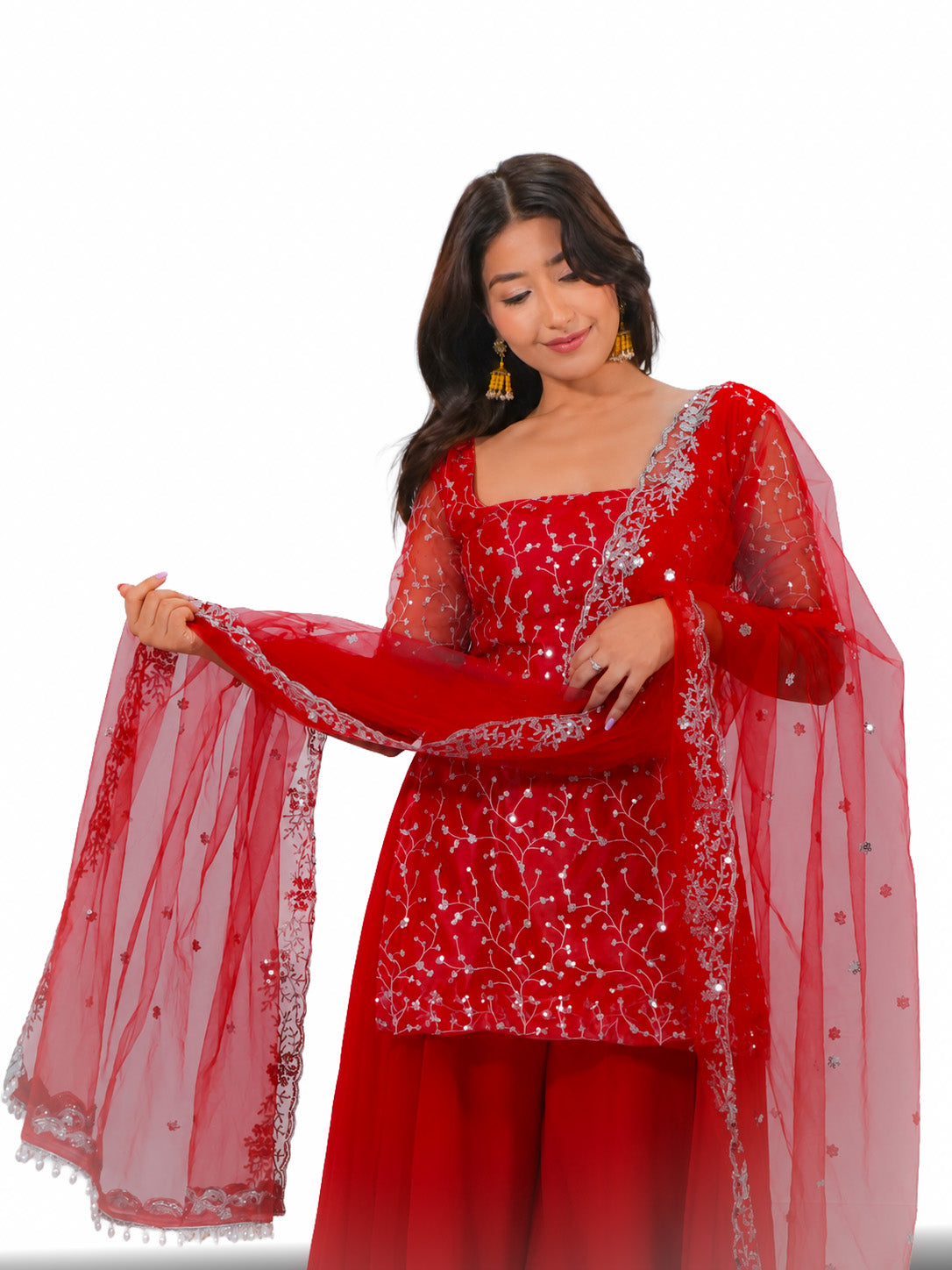 Sunshine Red Net Kurtha Sharara Set with Georgette Suruwal & Dupatta | Festive Wear