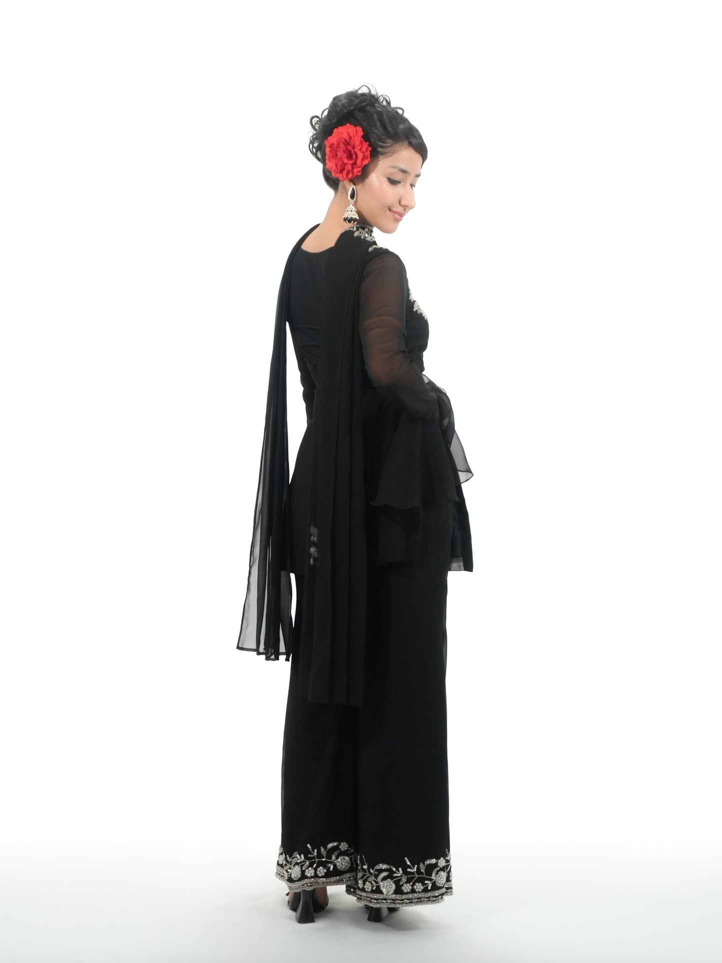 90s Bollywood Inspired Black Georgette Kurti Pant Set with Handwork Embroidery & Dupatta | Party Wear Ethnic Suit