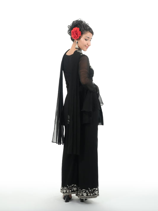 90s Bollywood Inspired Black Georgette Kurti Pant Set with Handwork Embroidery & Dupatta | Party Wear Ethnic Suit
