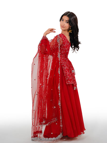 Sunshine Red Net Kurtha Sharara Set with Georgette Suruwal & Dupatta | Festive Wear