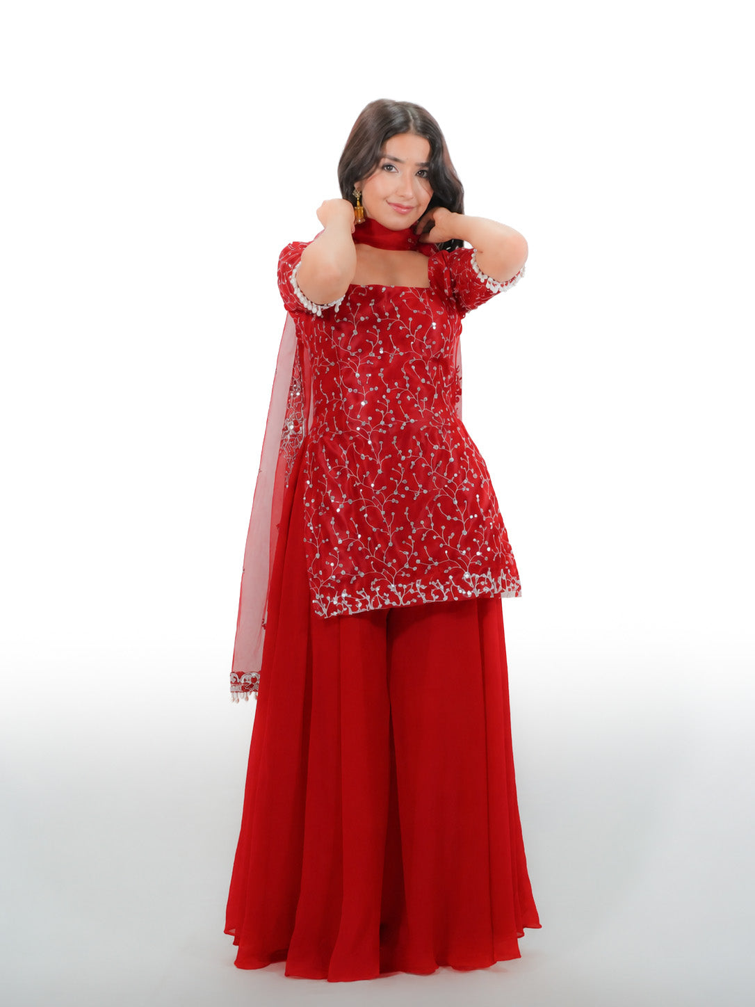 Sunshine Red Net Kurtha Sharara Set with Georgette Suruwal & Dupatta | Festive Wear