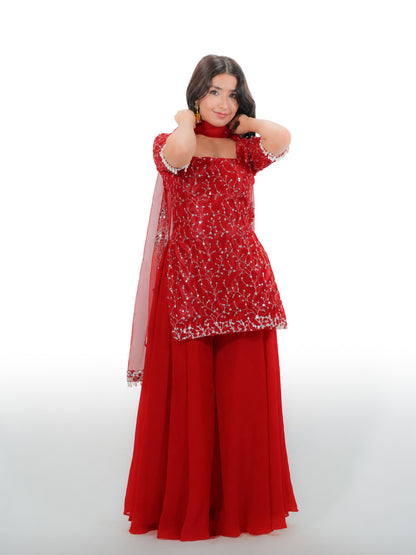 Sunshine Red Net Kurtha Sharara Set with Georgette Suruwal & Dupatta | Festive Wear