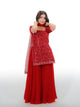 Sunshine Red Net Kurtha Sharara Set with Georgette Suruwal & Dupatta | Festive Wear