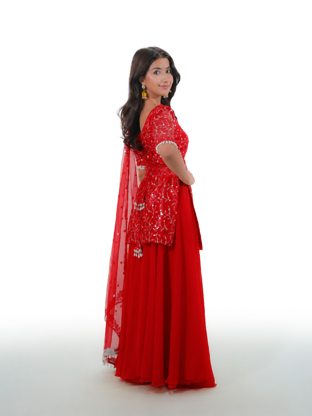 Sunshine Red Net Kurtha Sharara Set with Georgette Suruwal & Dupatta | Festive Wear