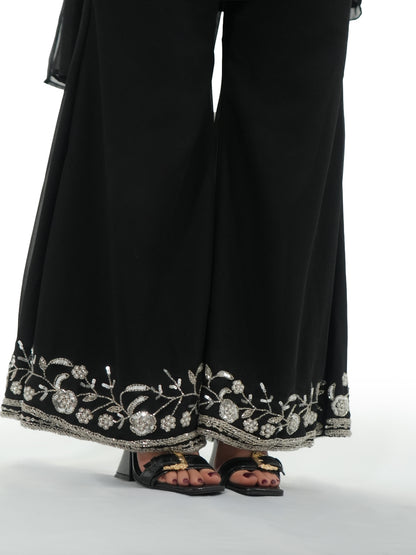 90s Bollywood Inspired Black Georgette Kurti Pant Set with Handwork Embroidery & Dupatta | Party Wear Ethnic Suit