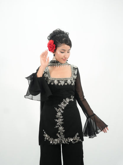 90s Bollywood Inspired Black Georgette Kurti Pant Set with Handwork Embroidery & Dupatta | Party Wear Ethnic Suit