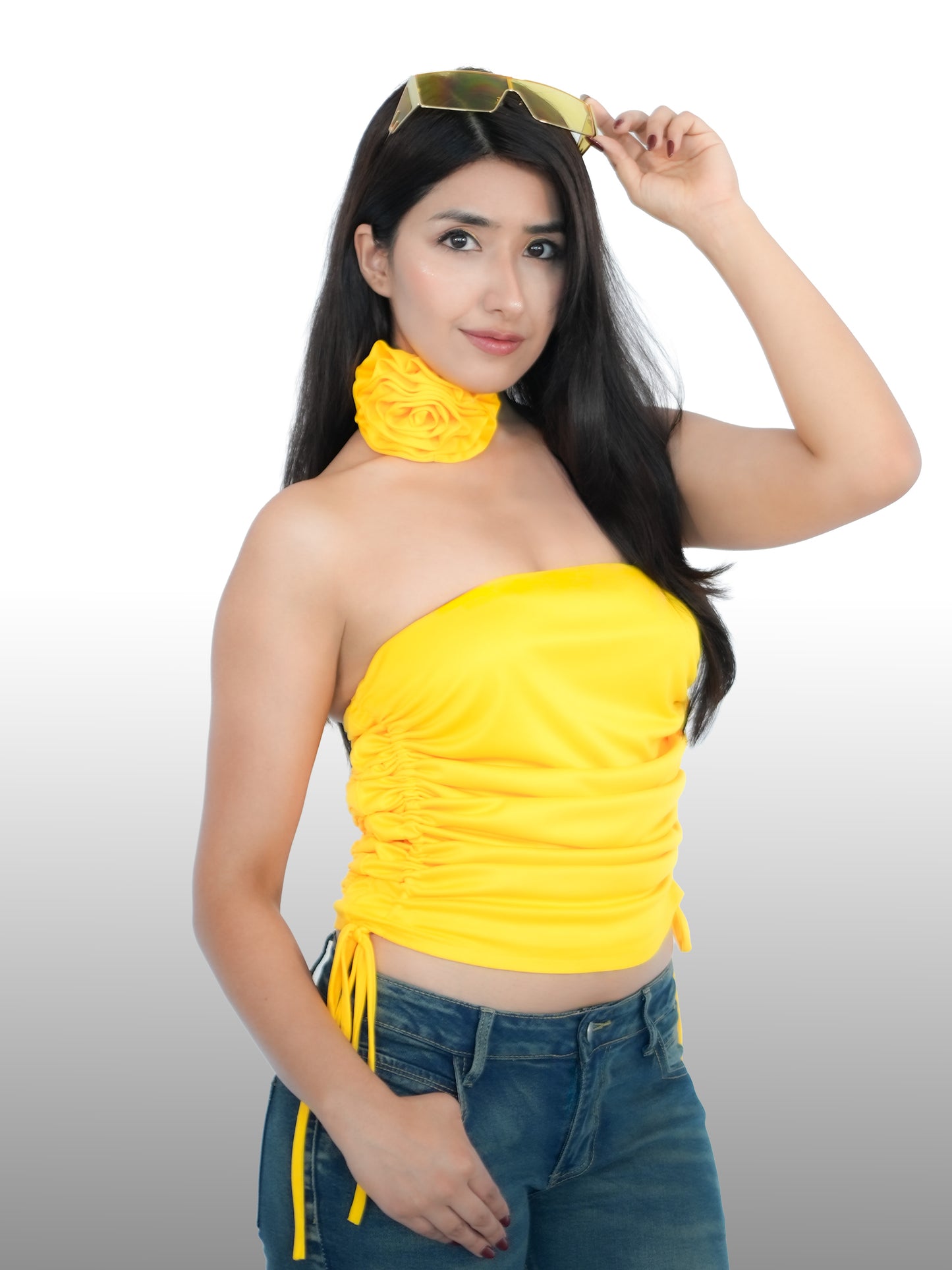 Kareena Kapoor Inspired Yellow Lycra Gathered Tube Top with Rose Flower Neck Accessory | K3G Deewana Hai Look
