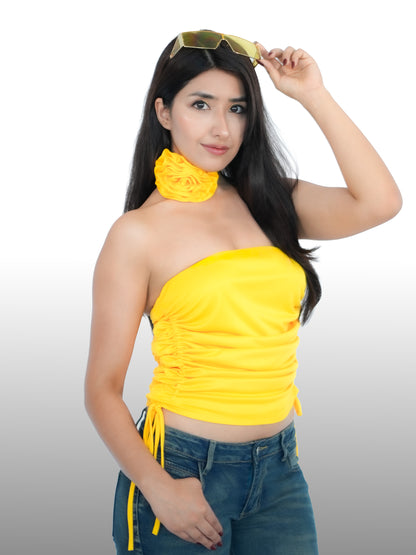 Kareena Kapoor Inspired Yellow Lycra Gathered Tube Top with Rose Flower Neck Accessory | K3G Deewana Hai Look